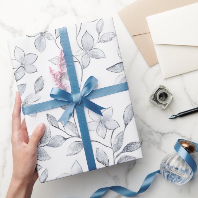 Chic Silver White Floral Wedding Wrapping Paper (Gifting)