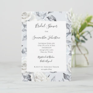 Chic Silver White Roses Floral Bridal Shower Invitation
