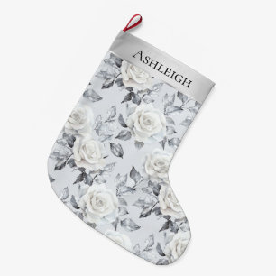 Chic Silver White Roses Floral Christmas   Large Christmas Stocking