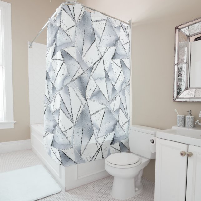 Chic Silver White Triangles Shower Curtain (In Situ)