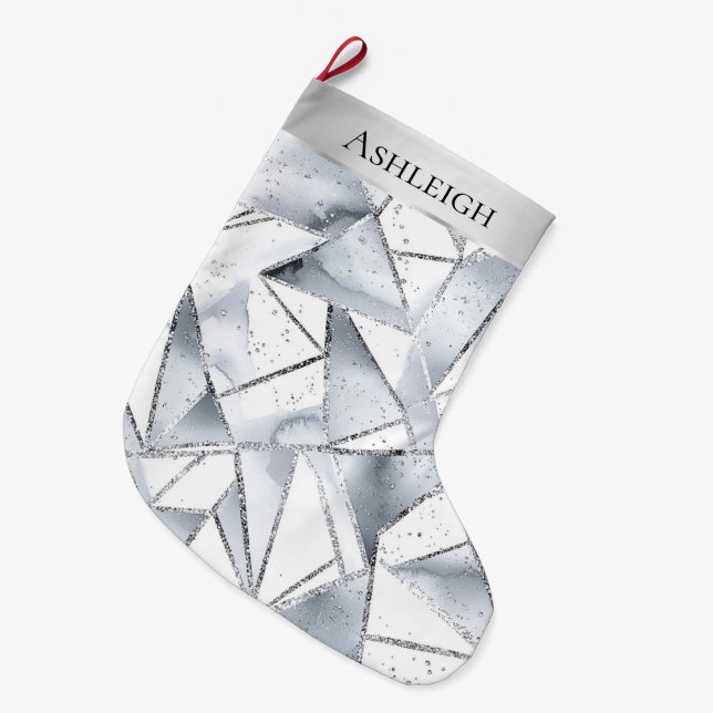 Chic Silver White Triangles Sparkle Christmas   Large Christmas Stocking (Front (Hanging))