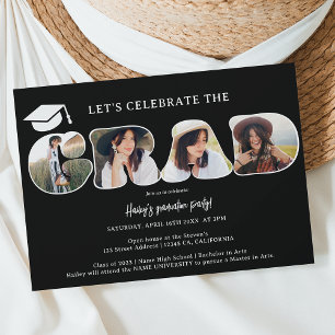 Chic Simple black 3 photos script graduation Invitation