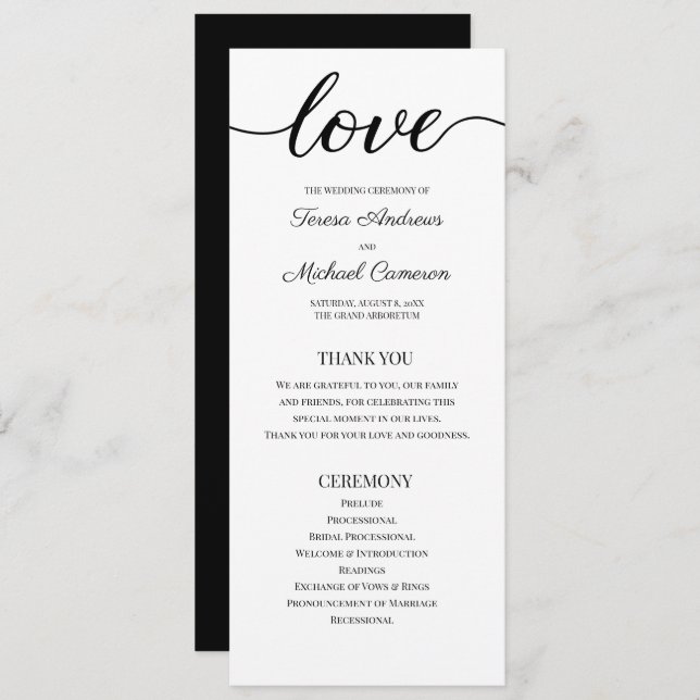 Chic Simple Black and White Wedding Love Script Program (Front/Back)