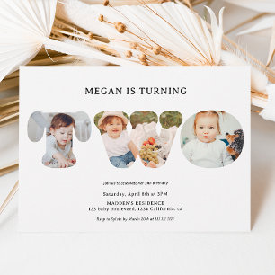 Chic Simple black white 3 photos 2nd birthday Invitation