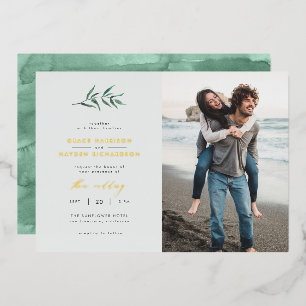 Chic Simple Blue & Green Branch Wedding Photo