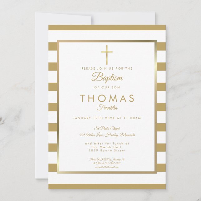 Chic Simple Gold Cross Baptism Christening Invitation (Front)
