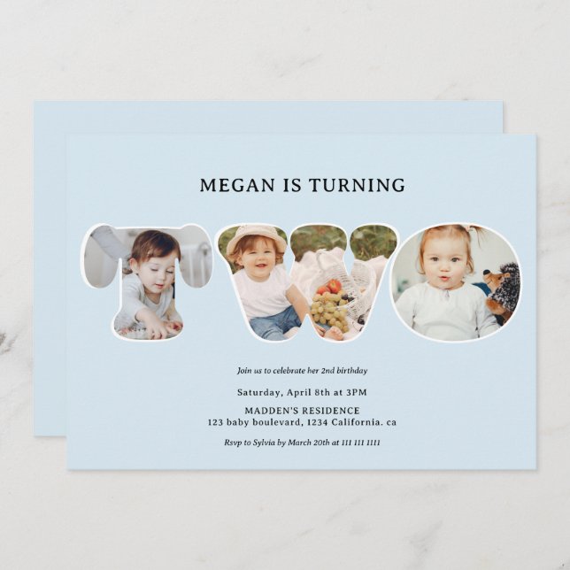 Chic Simple light blue 3 photos 2nd birthday Invitation (Front/Back)