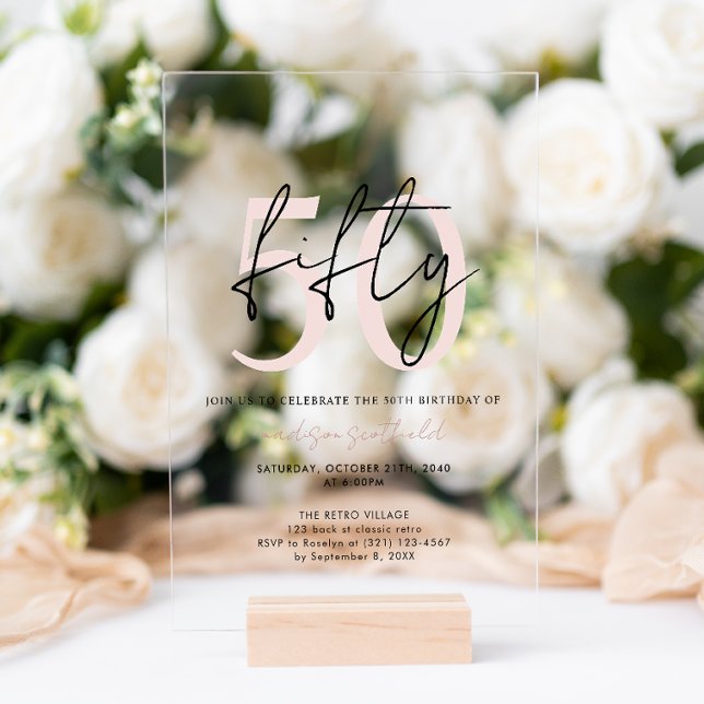 Chic Simple Minimalist  Blush Pink 50th Brithday Acrylic Invitations (Creator Uploaded)