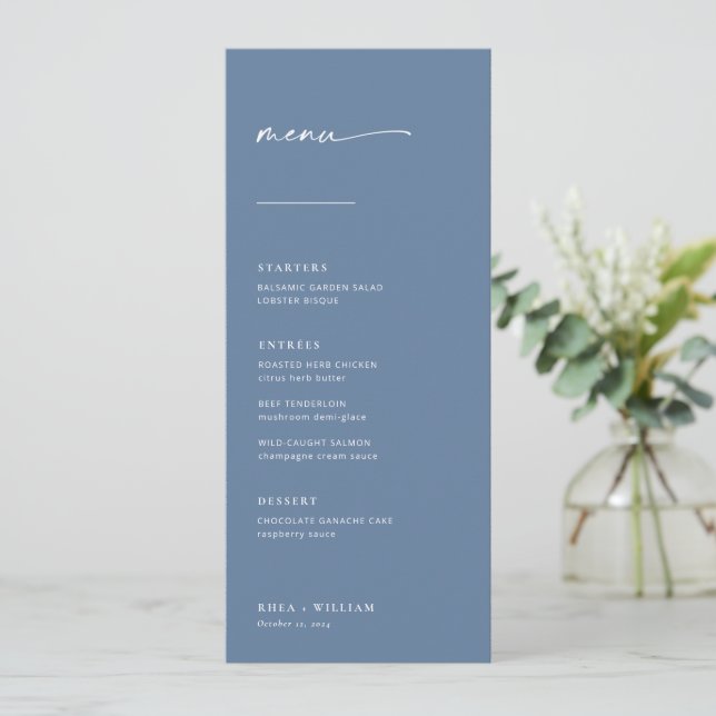 Chic + Simple Modern Script Wedding Menu | Blue (Standing Front)