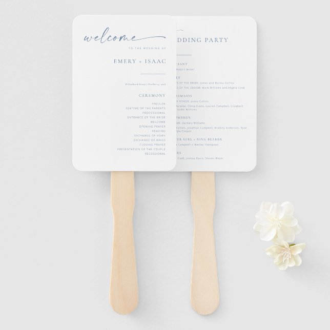 Chic + Simple Modern Wedding Program Fans | Blue (Front and Back)