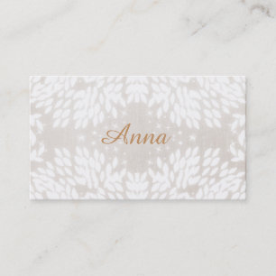 Chic Simple Name White Leaves FAUX Beige Linen Business Card