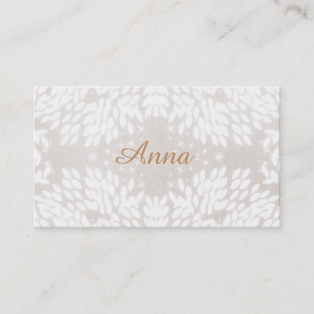 Chic Simple Name White Leaves FAUX Beige Linen Business Card (Front)