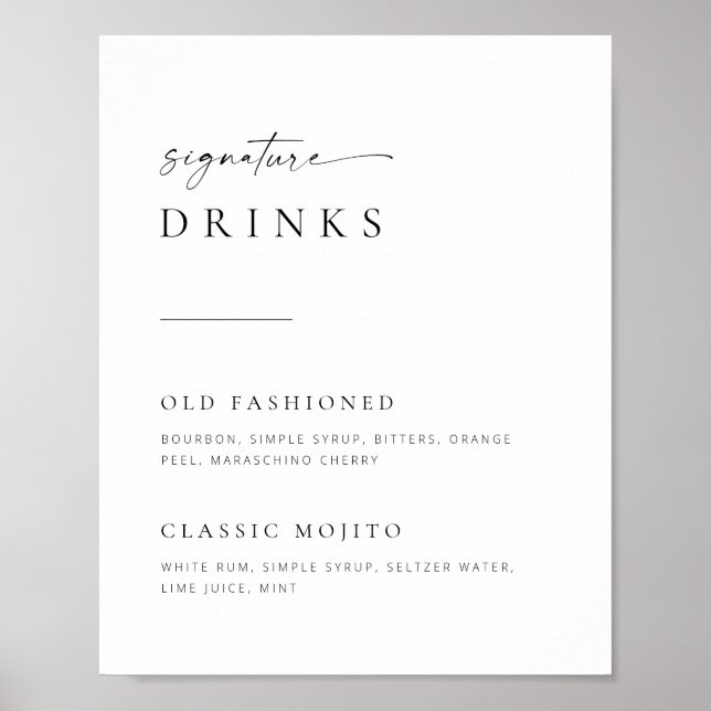 Chic + Simple Script Wedding Signature Drinks Sign (Front)