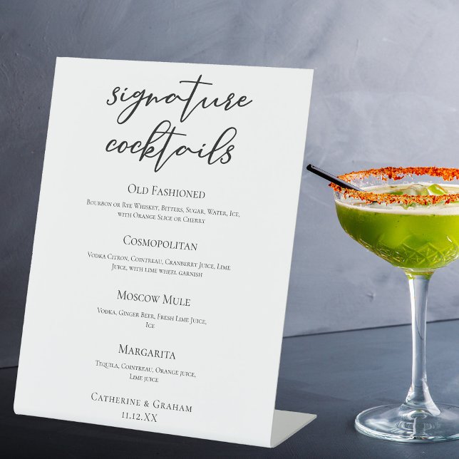Chic Simple Wedding Signature Cocktails Bar Menu Pedestal Sign (Creator Uploaded)