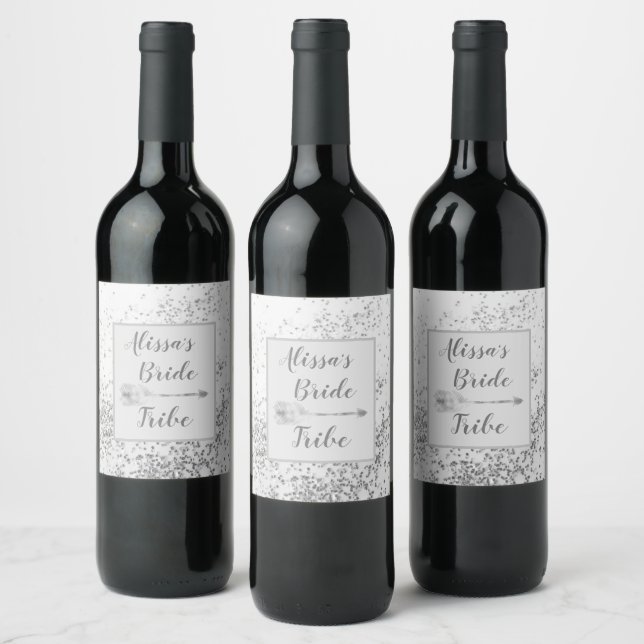 Chic Siver Confetti Personalised Bride Tribe Wine Label (Bottles)