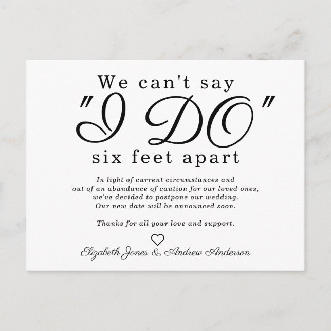 Chic Six Feet Apart Postponed Change Date Wedding Announcement Postcard (Front)