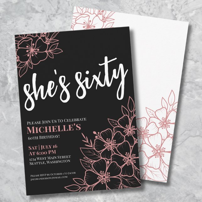 Chic Sixty Black Rose Gold 60th Birthday Party Invitation (Chic Sixty Black Rose Gold 60th Birthday Party Invitation)