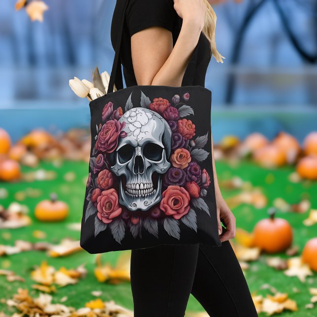 Chic Skull with Roses Gothic Halloween Tote Bag (🌹 Elegance in Darkness: Gothic Halloween Tote Bag! 👻)