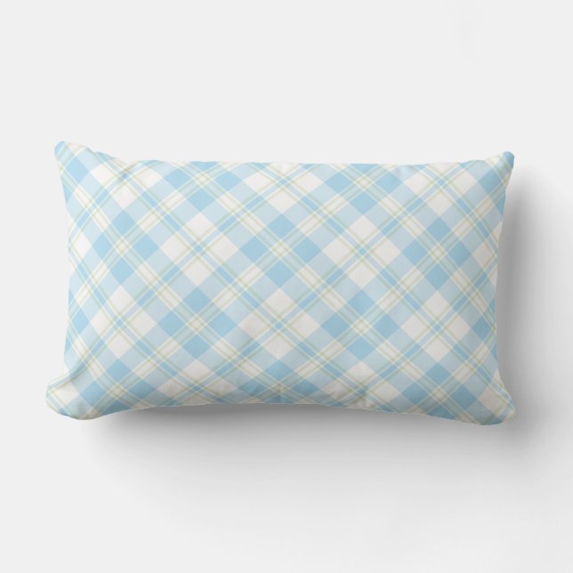 Chic Sky Blue and White Check Lumbar Pillow (Front)