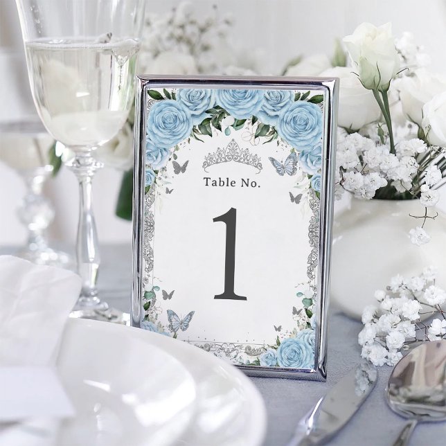 Chic Sky Blue Floral Silver Birthday Quinceanera Table Number (Creator Uploaded)