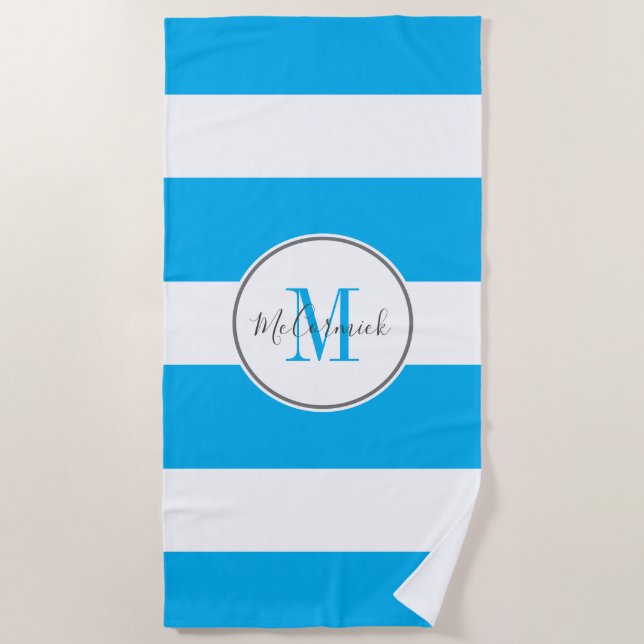 Chic Sky Blue White Stripes Monogram Personalised Beach Towel (Front)