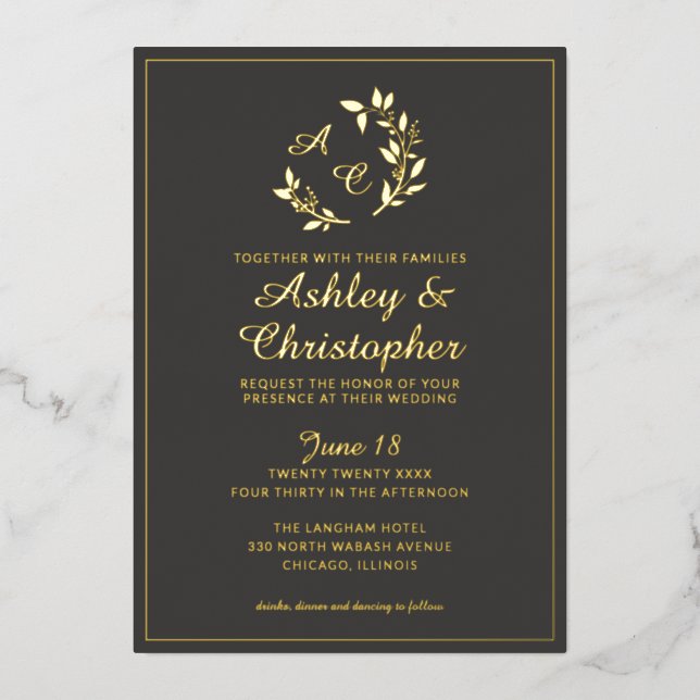 Chic Slate Grey Leaf Monogram Photo Wedding Gold (Front)