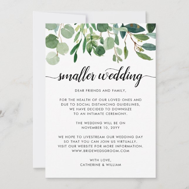 Chic Small Wedding Downsize Change Plans Foliage Announcement (Front)