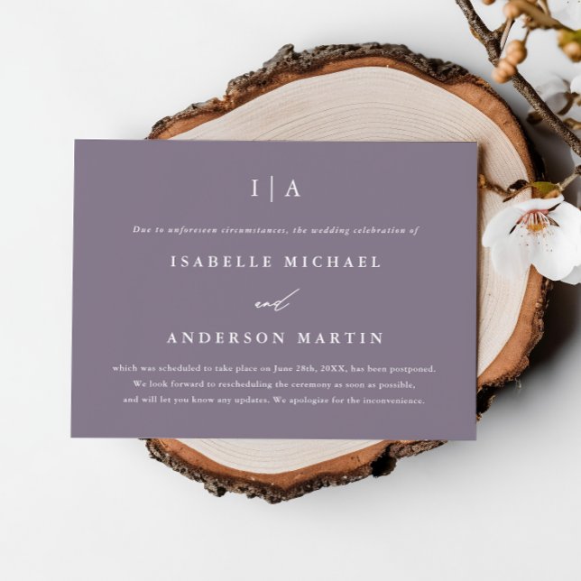 Chic Smoky Purple Monogram Wedding Postponement Announcement (Creator Uploaded)