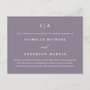 Chic Smoky Purple Monogram Wedding Postponement Announcement Postcard
