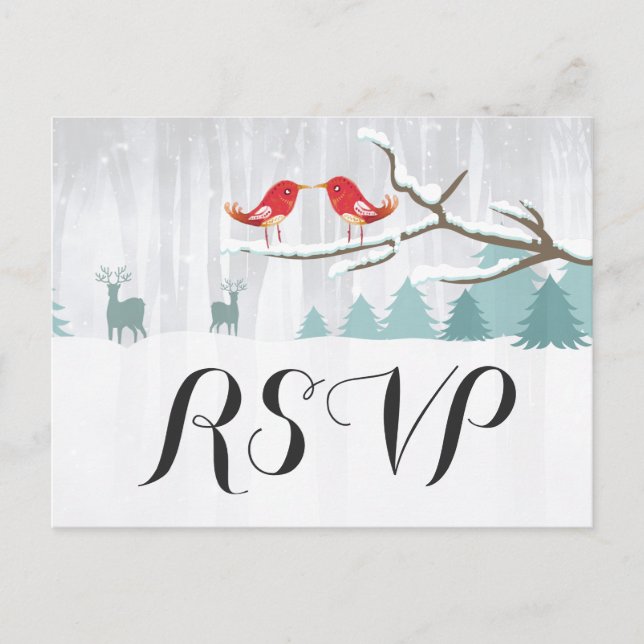 Chic Snow Wonderland Bird Deer Winter Wedding RSVP Invitation Postcard (Front)