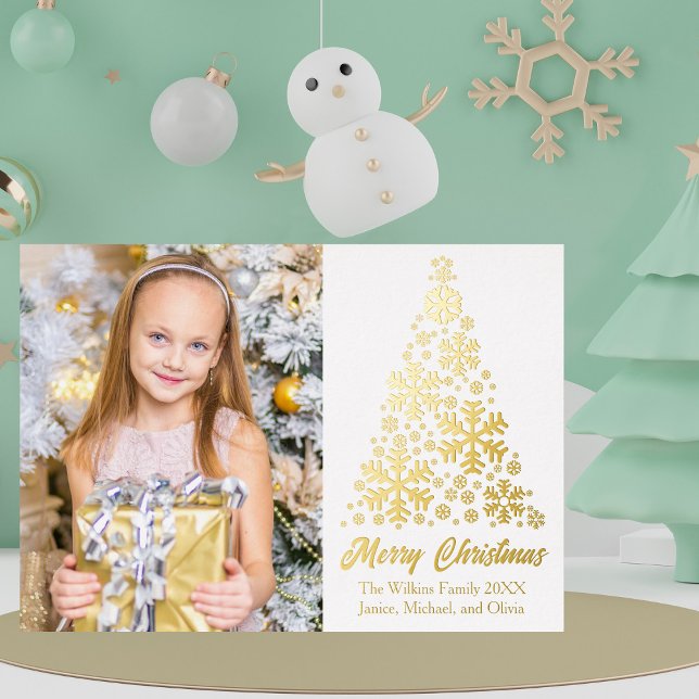 Chic Snowflakes Christmas Tree Family Photo Gold Foil Holiday Card (Creator Uploaded)