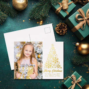Chic Snowflakes Christmas Tree Family Photo Gold Foil Holiday Postcard