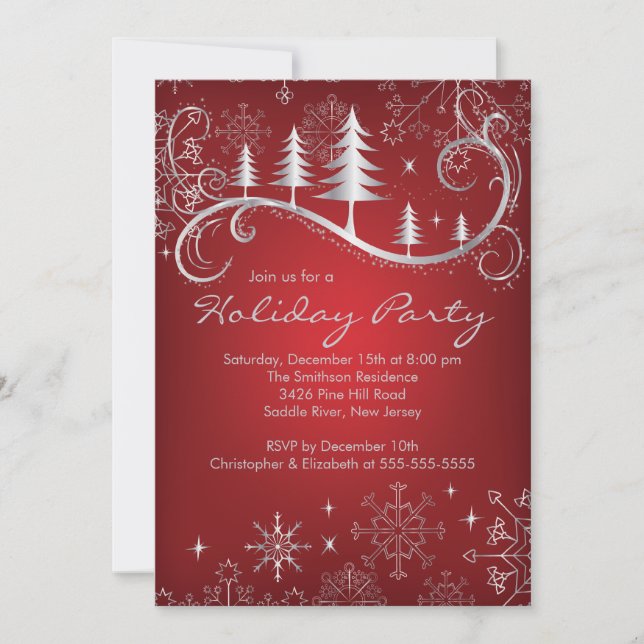 Chic Snowflakes Christmas Trees Holiday Party Invitation (Front)