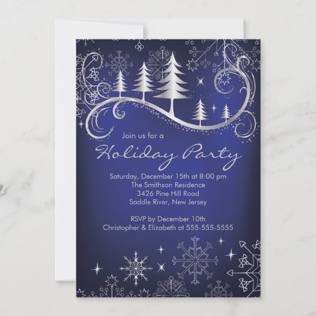Chic Snowflakes Christmas Trees Holiday Party Invitation (Front)