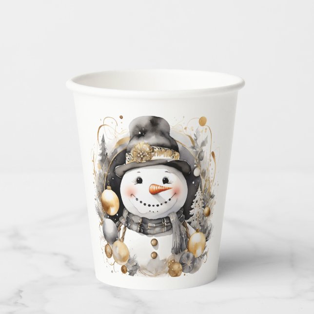 Chic Snowman: Black and Gold Holiday Charm Paper Cups (Front)