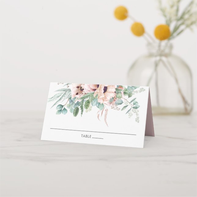 Chic Soft Blush Pink Floral Greenery Wedding Place Card (Front)