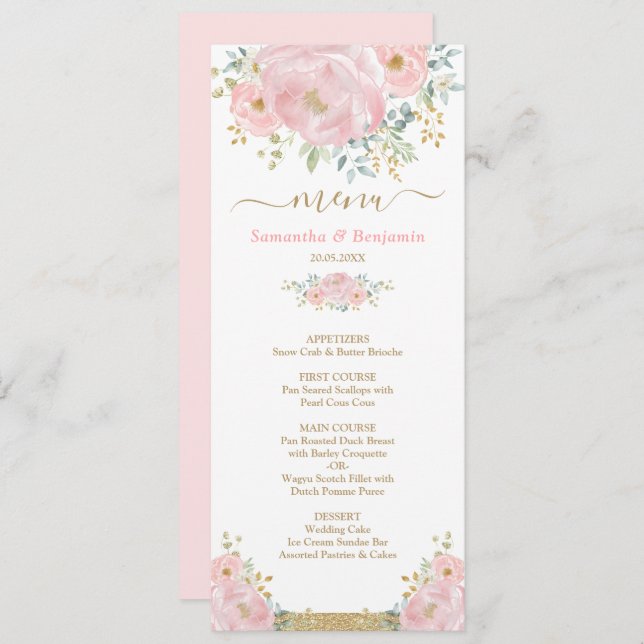 Chic Soft Pink Watercolor Floral Wedding Menu Card (Front/Back)