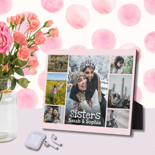 Chic Soft Pink White Text Sisters Photo Collage Plaque