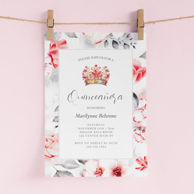 Chic Sophisticated Red Floral Quinceañera Invitation (Creator Uploaded)