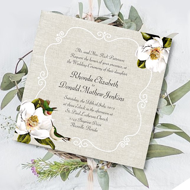 Chic Southern Magnolias & Hummingbirds Wedding Invitation (Creator Uploaded)