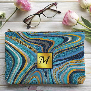 Chic Sparkle Glitter marble art blue gold monogram Accessory Pouch