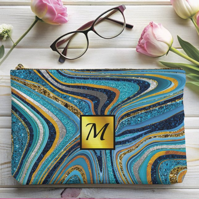 Chic Sparkle Glitter marble art blue gold monogram Accessory Pouch (Creator Uploaded)