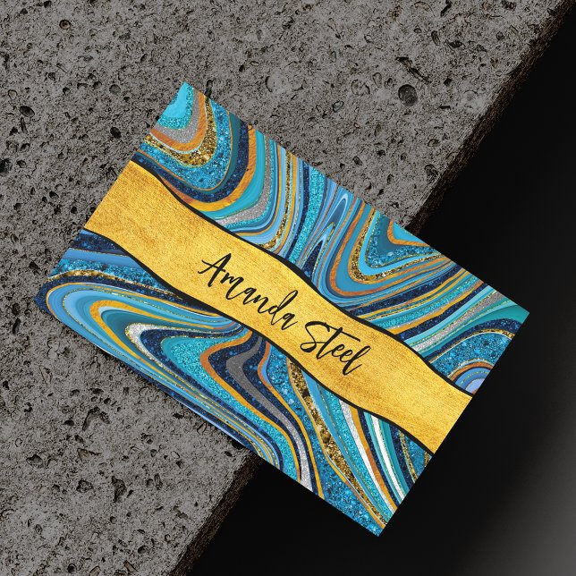 Chic Sparkle Glitter marble art blue gold monogram Magnetic Business Card (Creator Uploaded)