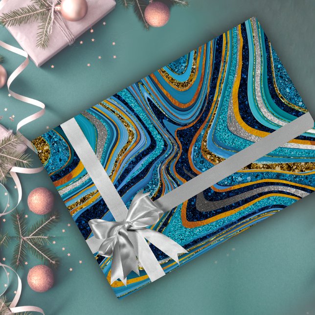 Chic Sparkle Glitter marble art blue gold Wrapping Paper (Creator Uploaded)