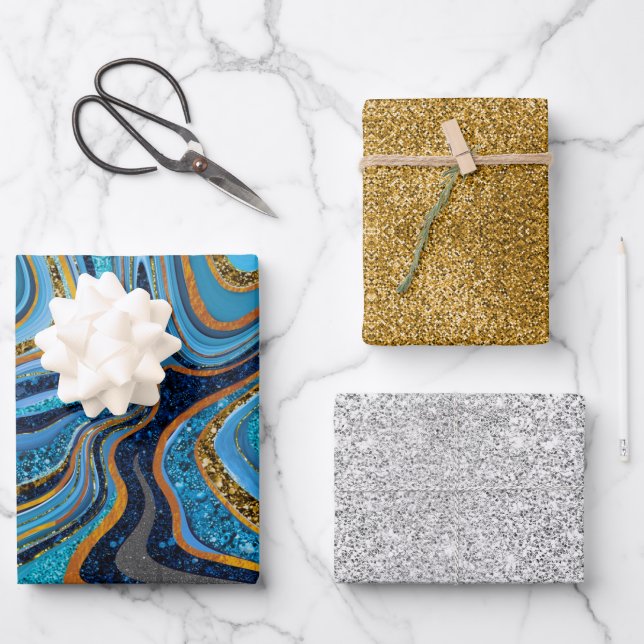 Chic Sparkle Glitter marble art blue gold  Wrapping Paper Sheet (Front)
