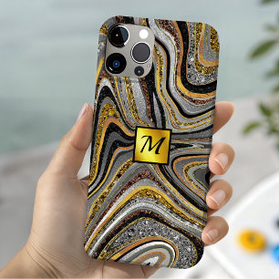 Chic Sparkle Glitter marble art grey gold monogram iPhone 13 Case