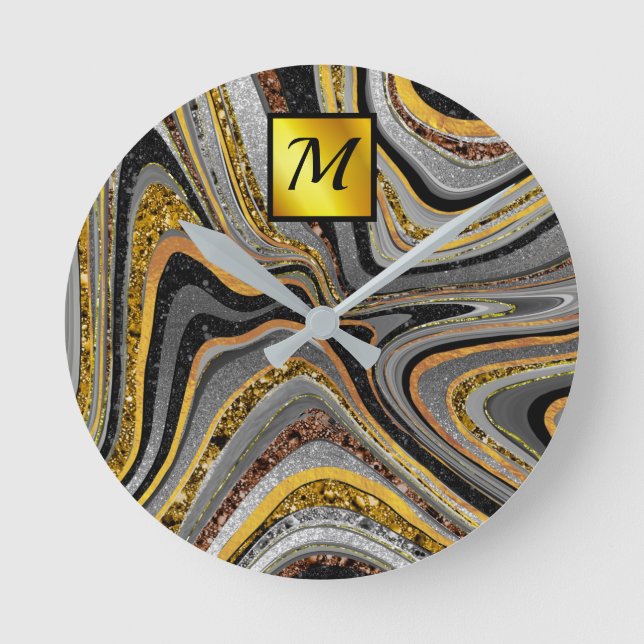 Chic Sparkle Glitter marble art grey gold monogram Round Clock (Front)