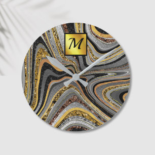 Chic Sparkle Glitter marble art grey gold monogram Round Clock
