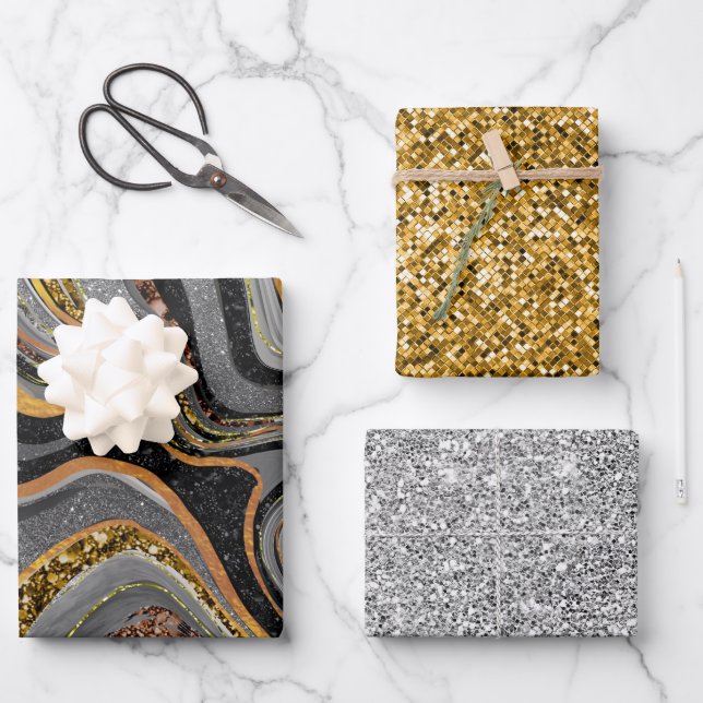 Chic Sparkle Glitter marble art grey gold Wrapping Paper Sheet (Front)