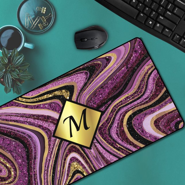 Chic Sparkle Glitter marble art pink gold monogram Desk Mat (Creator Uploaded)